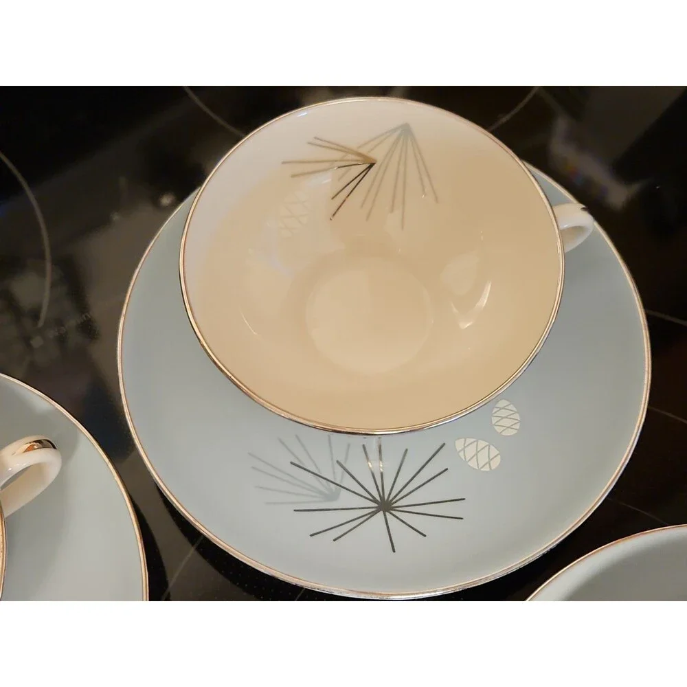 Set Of 4 Vintage MCM Franciscan Silver Pine Tea Cup & Saucer Sets Very Nice